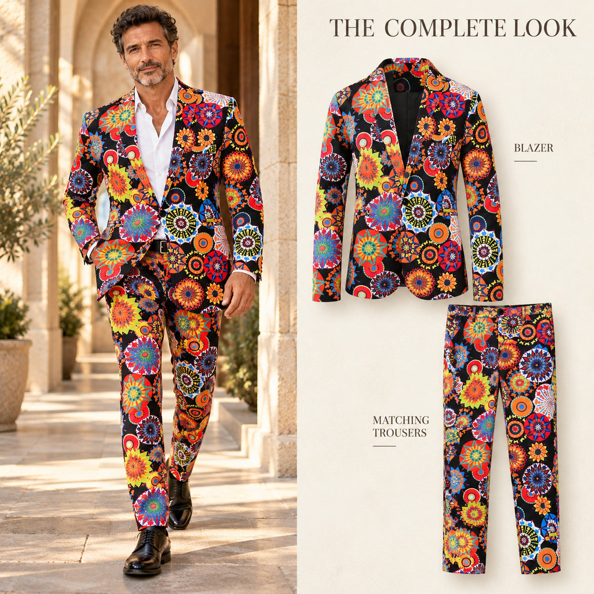 WISHOLIC men's colorful mandala print two-piece suit showing the complete outfit with matching blazer and trousers.