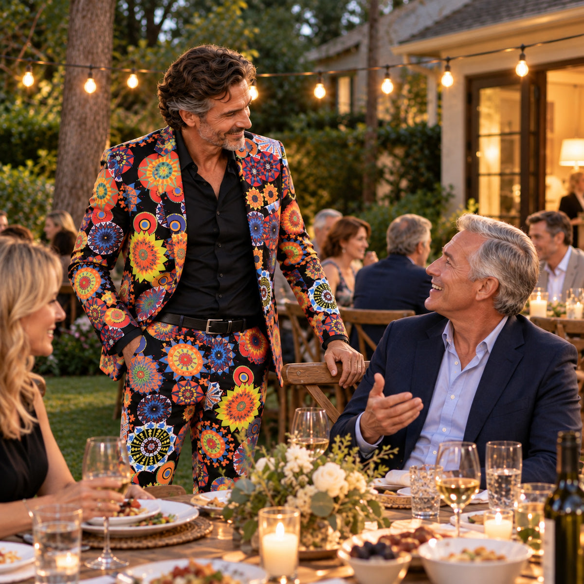 Model wearing Wisholic colorful mandala print party suit chatting and smiling with friends at an outdoor evening dinner party