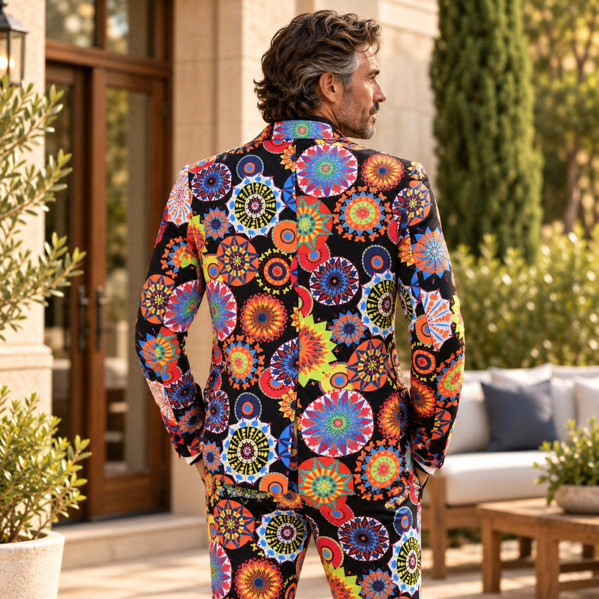 Back view of Wisholic tailored men's statement suit showing seamless vibrant mandala geometric pattern in outdoor patio setting