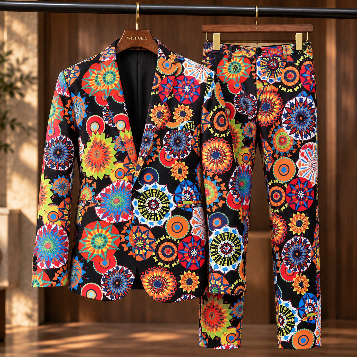 WISHOLIC men's black multicolor mandala print suit featuring a single-button blazer and matching printed trousers on wooden hangers.