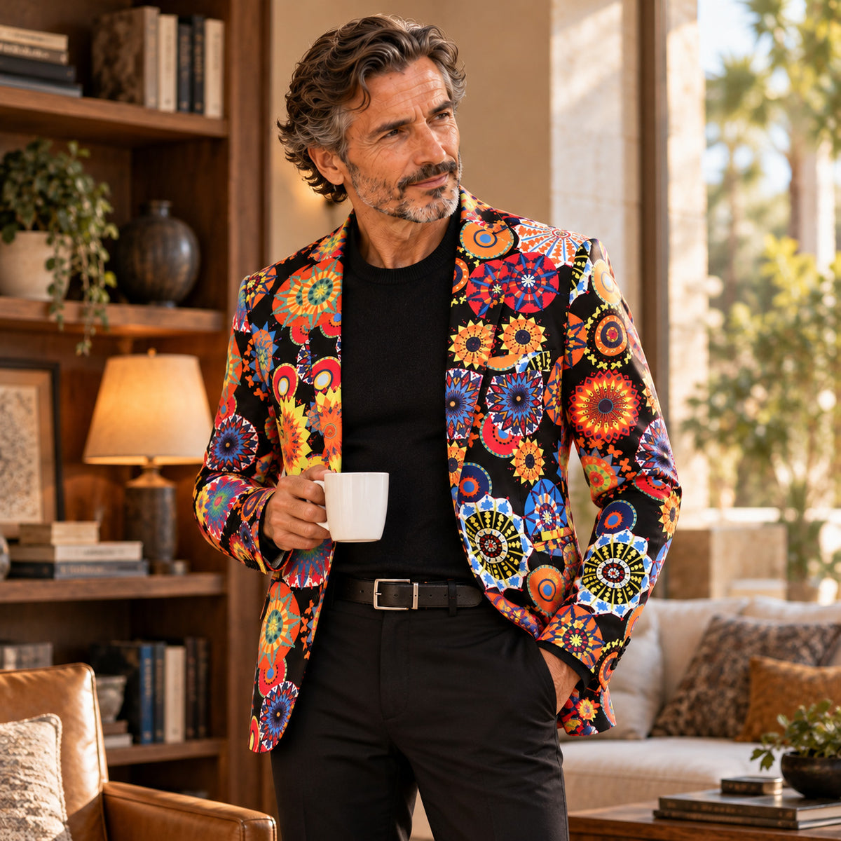Wisholic men's multicolor mandala statement blazer jacket styled with solid black trousers and crewneck sweater holding a coffee cup