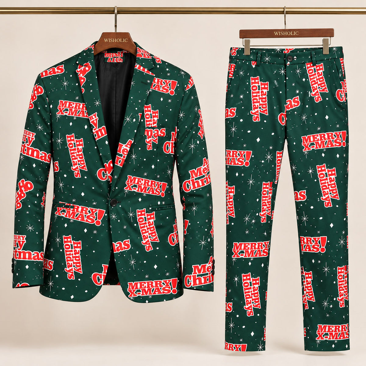 Wisholic 2-piece men's festive holiday suit set with green Merry Christmas text pattern blazer jacket and matching trousers on hangers