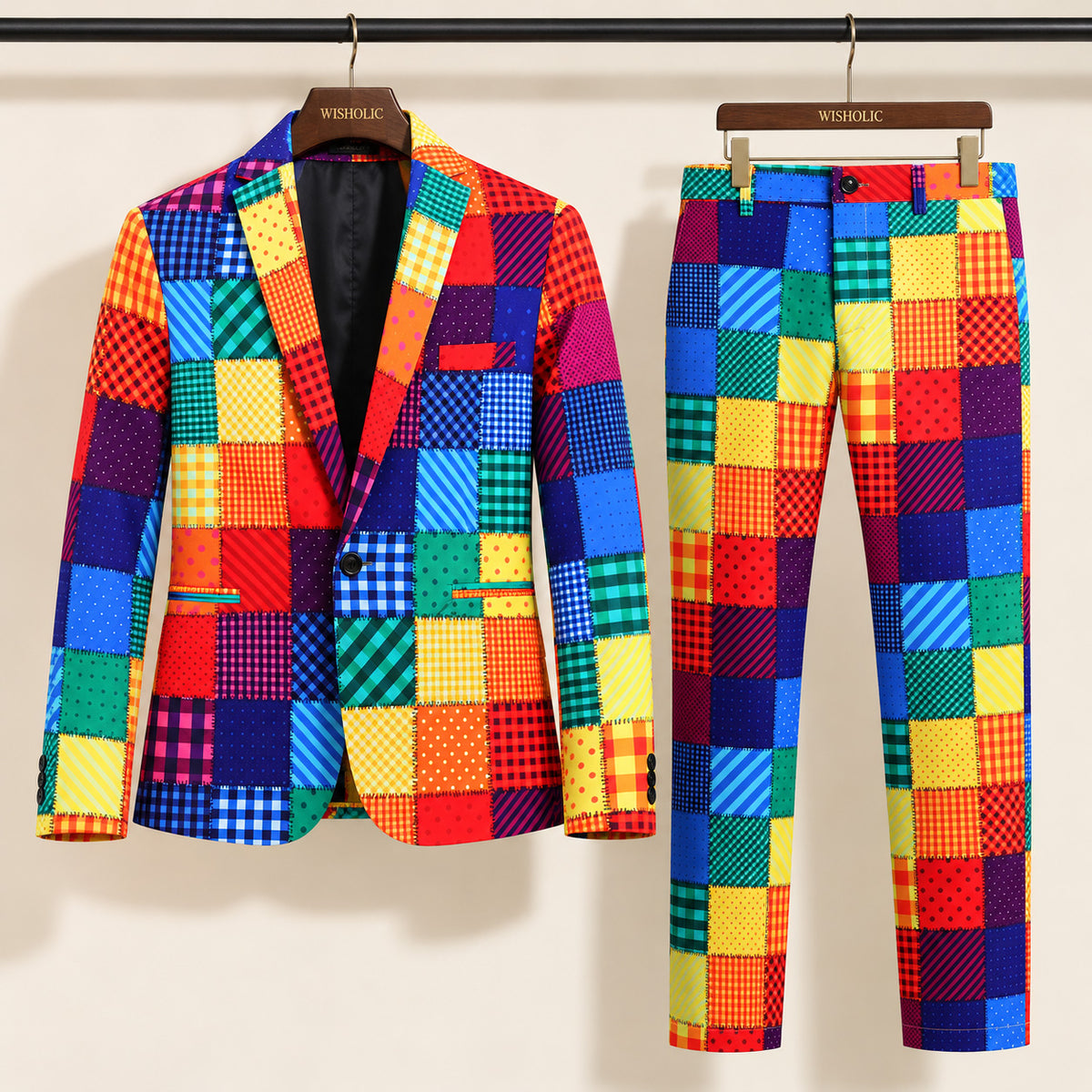Wisholic men's two-piece colorful patchwork print suit featuring tailored jacket and matching pants on hangers