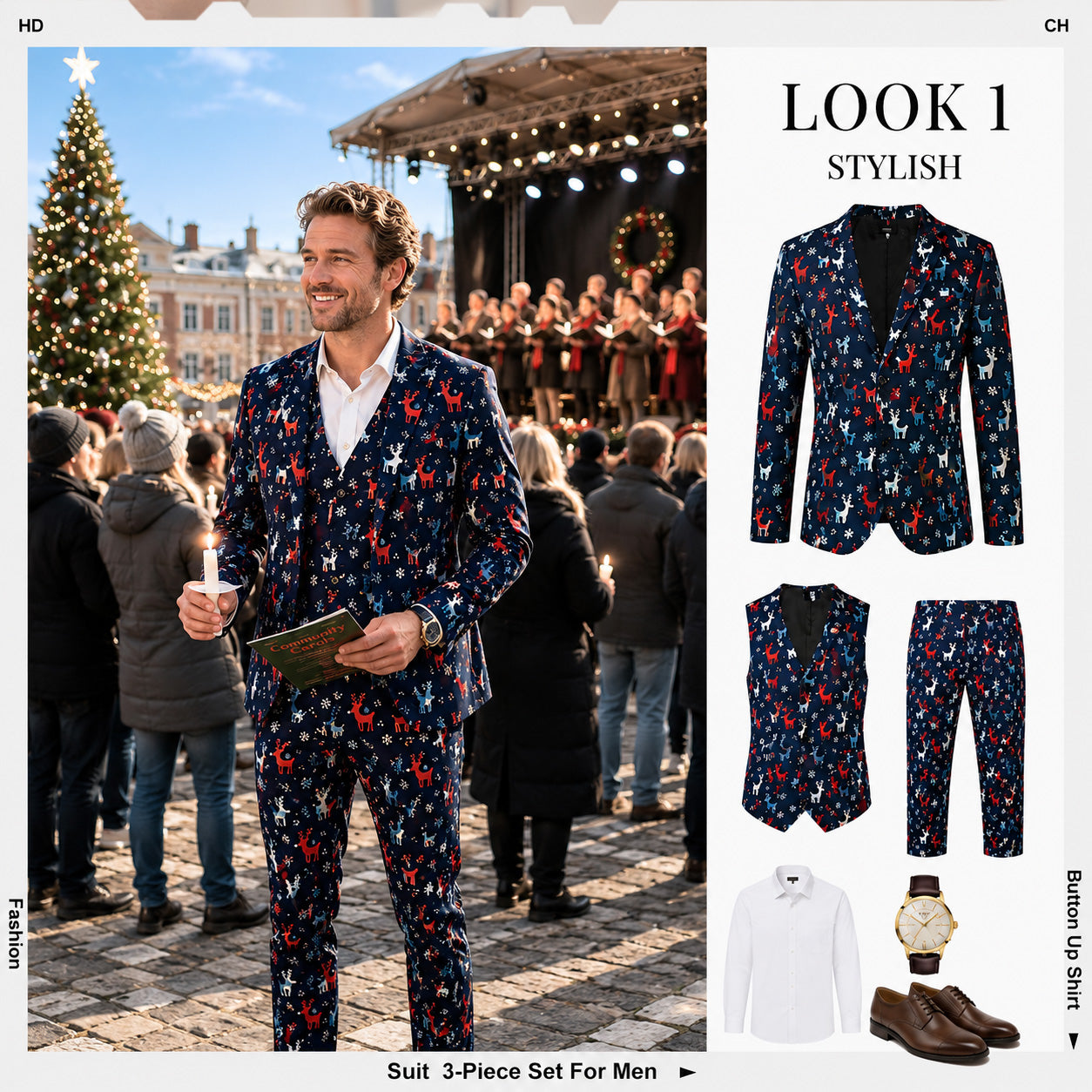 WISHOLIC Men's Navy Christmas Reindeer 3-Piece Suit Set Full Outfit Flat Lay and Styling Guide