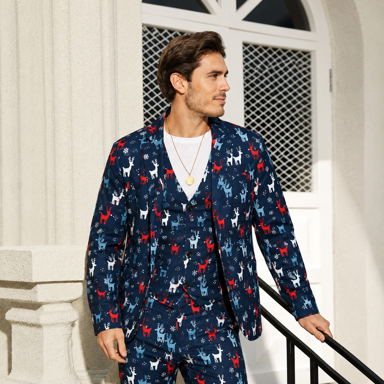 WISHOLIC Model Wearing Men's Navy Reindeer Printed Suit Standing Outside