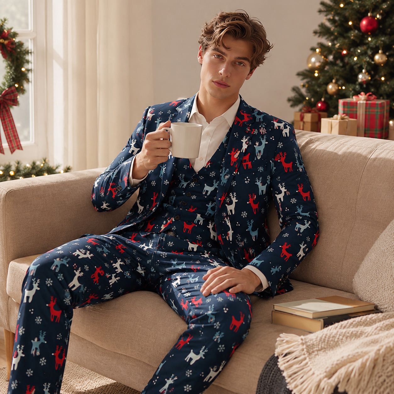 WISHOLIC Men's Reindeer Printed Christmas Suit Lifestyle Shot Sitting on Sofa