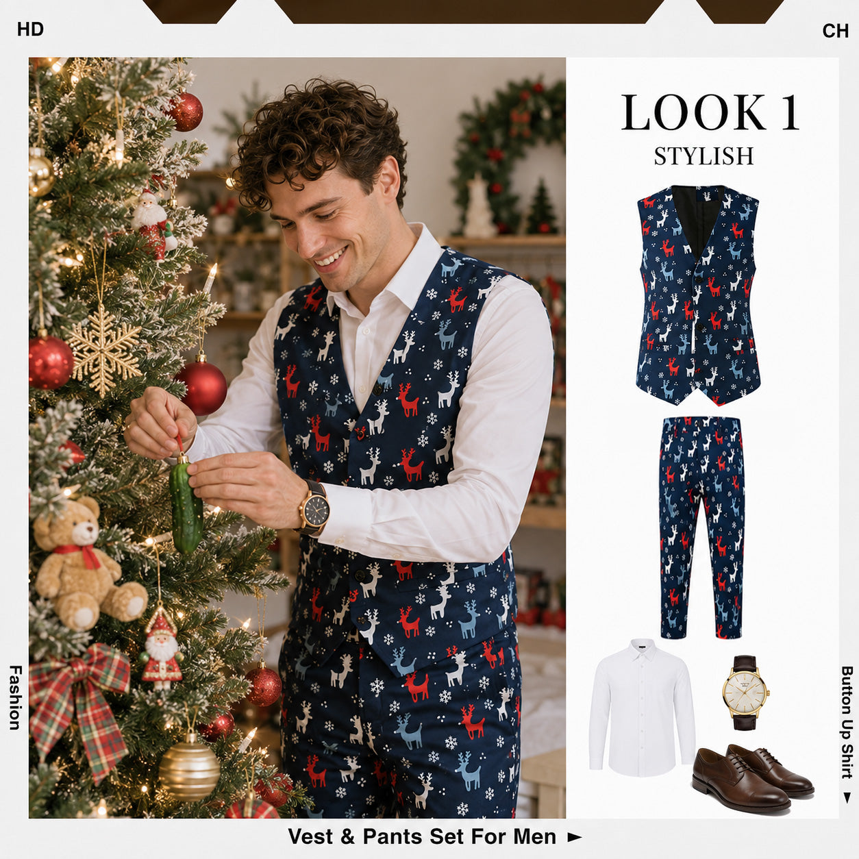 WISHOLIC Men's Navy Reindeer Printed Vest and Pants Set Outfit Combination