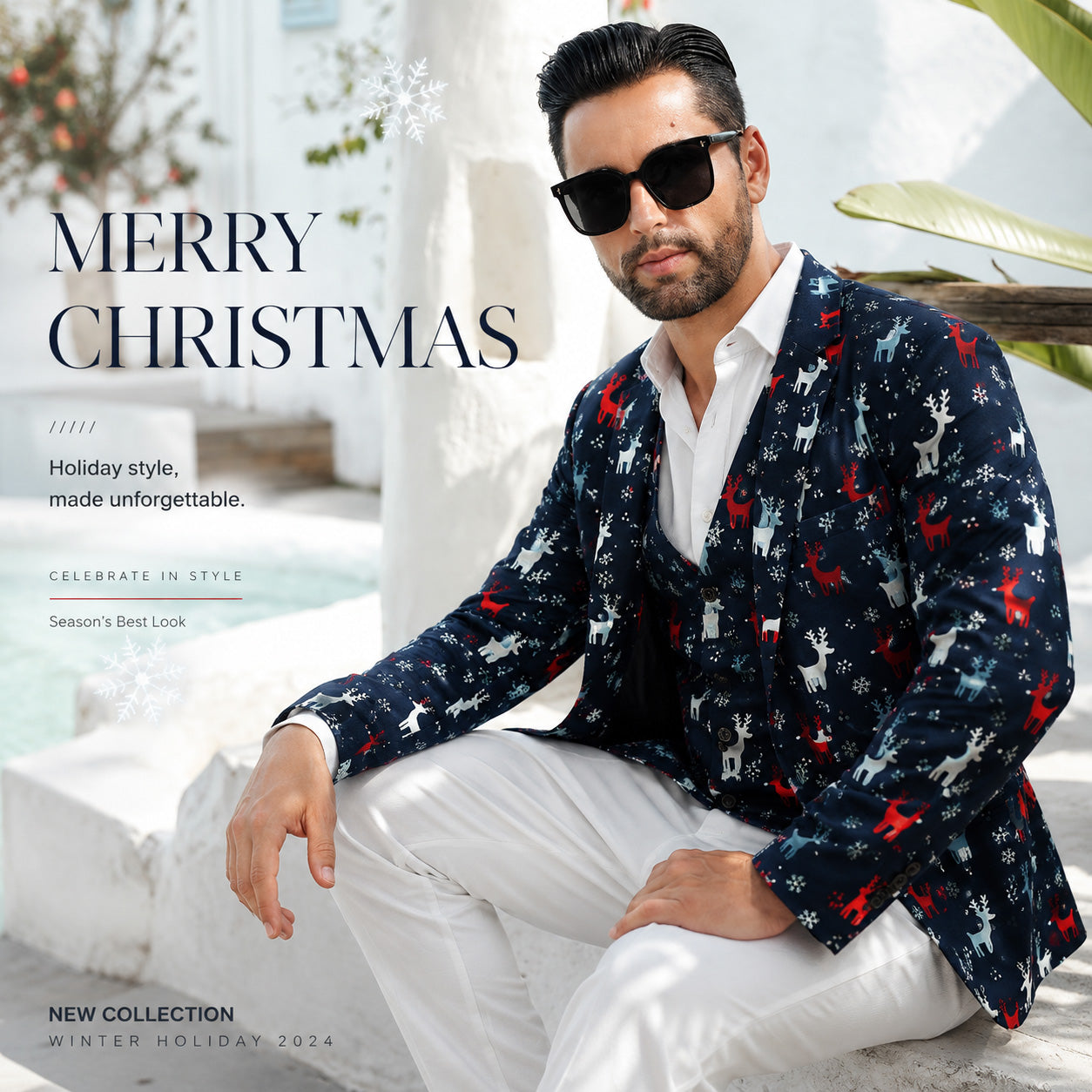 WISHOLIC Men's Navy Reindeer Printed Christmas Blazer Jacket