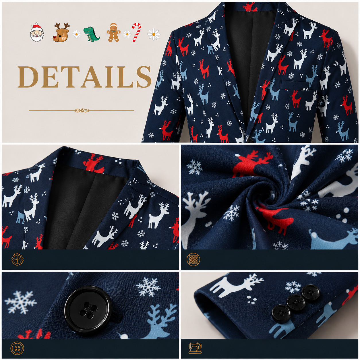WISHOLIC Men's Christmas Reindeer Printed Suit Lapel Buttons and Fabric Close-Up Details