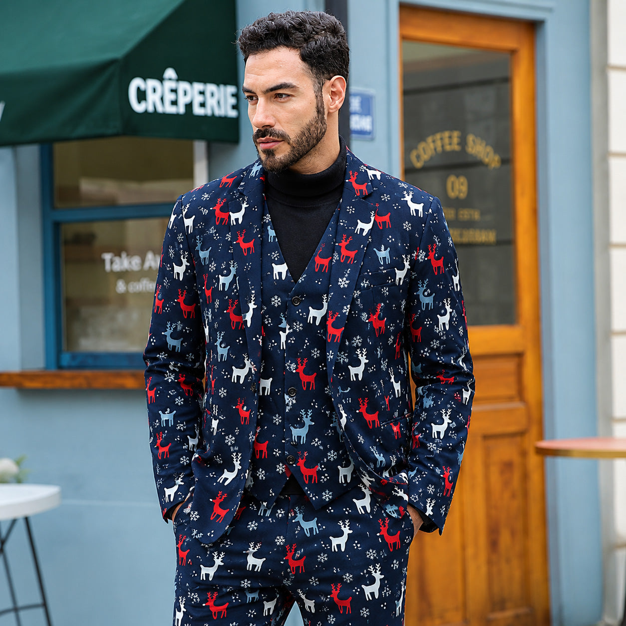WISHOLIC Men's Navy Blue Christmas Reindeer and Snowflake Printed 3-Piece Suit Set