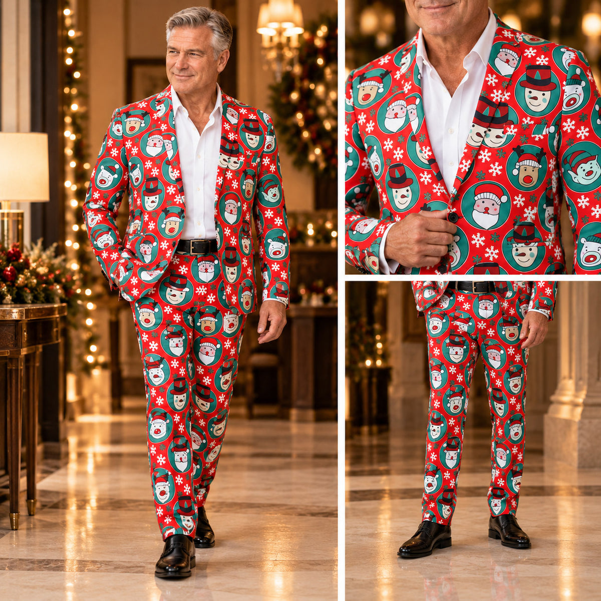 Full-body and close-up views of Wisholic men's funny red Christmas print suit with tailored fit trousers.