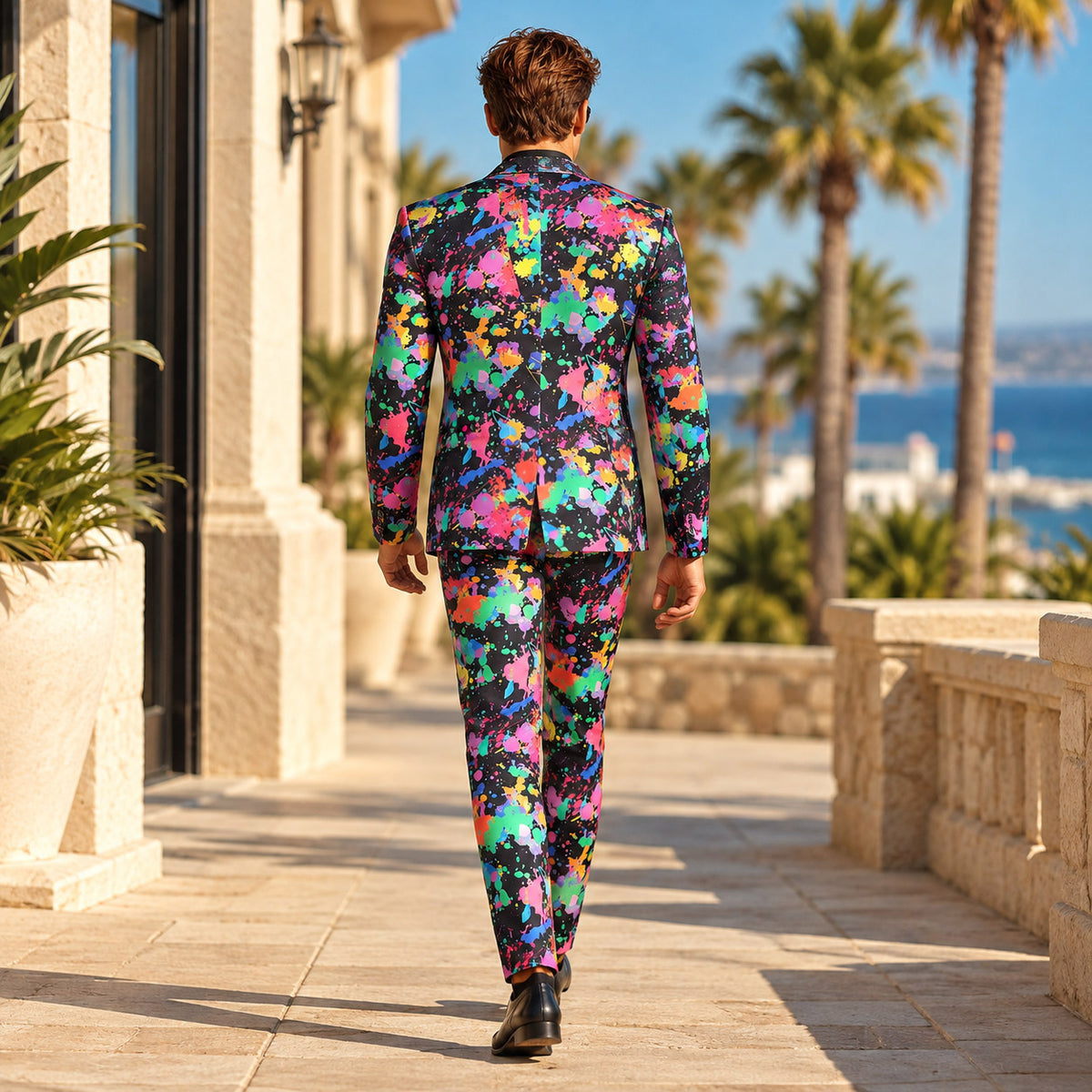 Back view of Wisholic tailored fit men's vibrant paint splatter printed blazer and matching dress pants