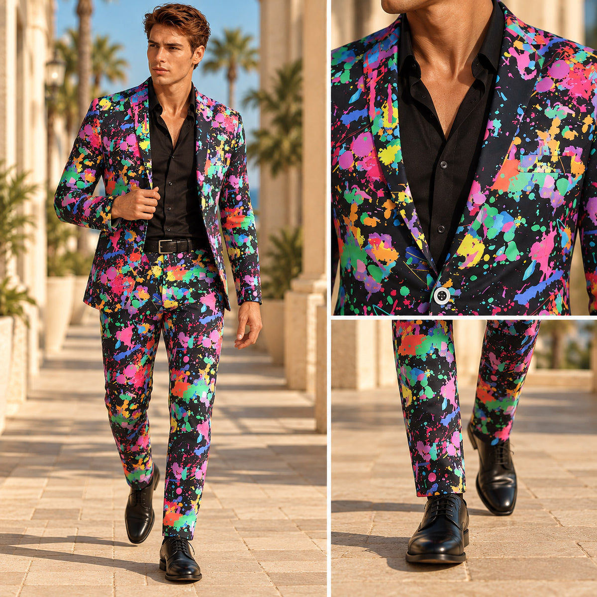 Wisholic colorful paint splatter men's suit full-body outdoor view with close-ups of lapel and slim-fit trousers