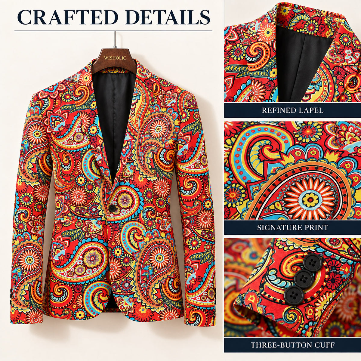 Tailoring craftsmanship of Wisholic paisley blazer jacket showing refined notch lapel, signature print, and three-button cuffs