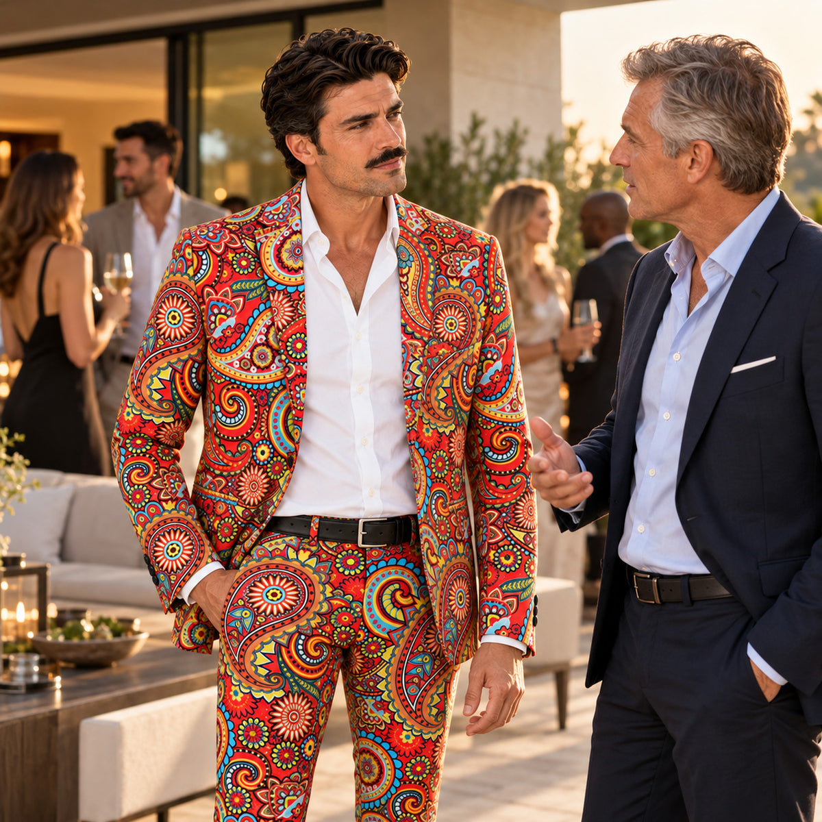 Model wearing Wisholic colorful paisley pattern party suit chatting with a friend at an outdoor evening patio gathering