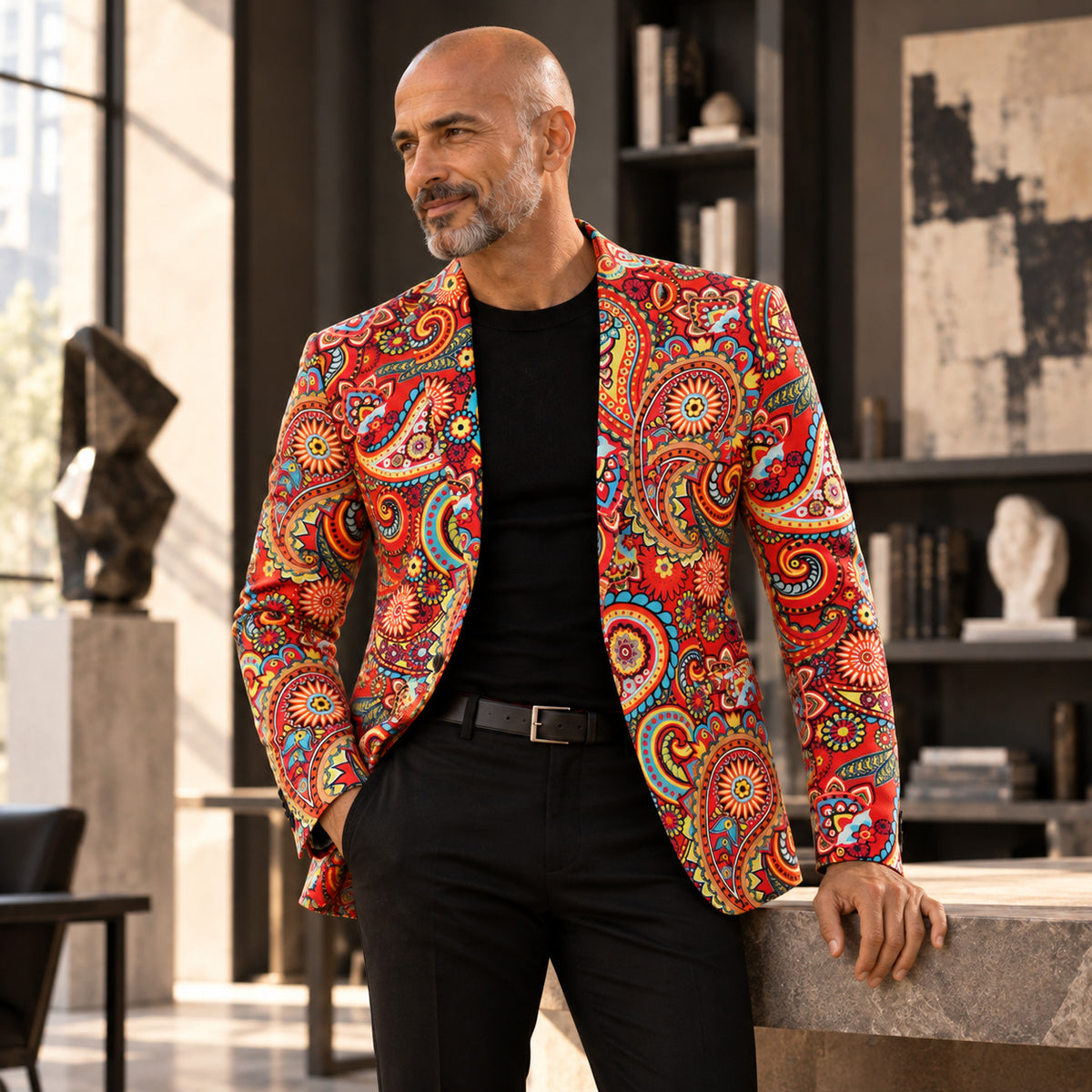 Wisholic men's red paisley printed blazer styled with black t-shirt and black dress trousers