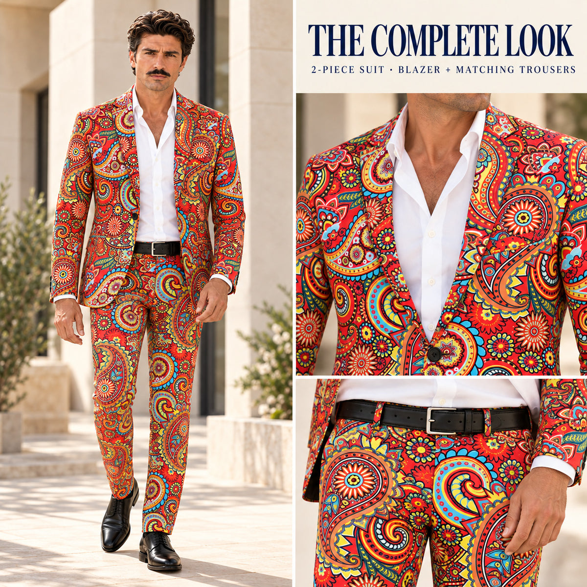 Full body fit and close-up views of Wisholic men's tailored 2-piece vibrant paisley print suit with slim-fit trousers