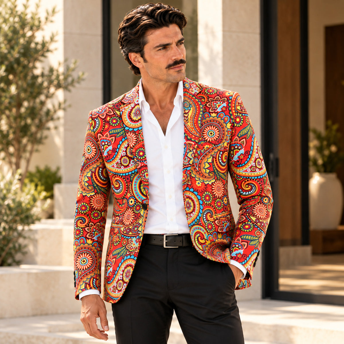 Wisholic men's vibrant paisley statement blazer jacket styled with white dress shirt and solid black trousers for party wear