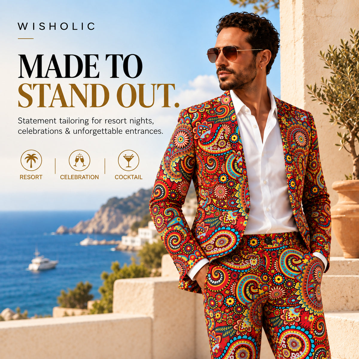 Wisholic men's red paisley printed statement suit with Made to Stand Out resort lifestyle promo text.