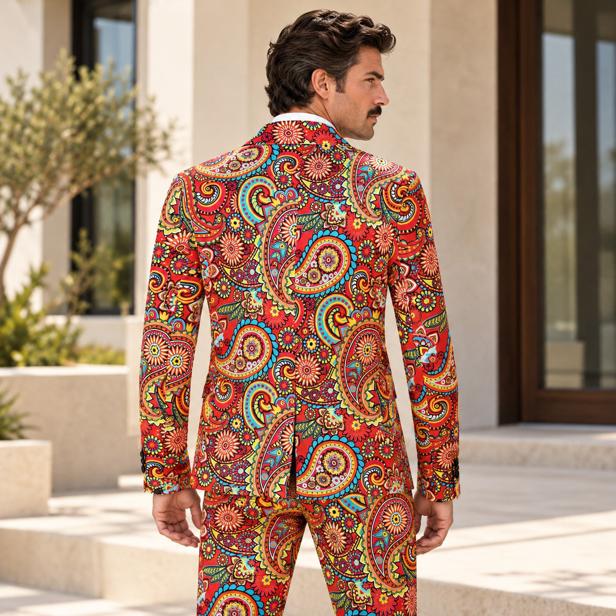 Back view of Wisholic tailored men's statement suit showing seamless multicolor paisley pattern in outdoor patio setting