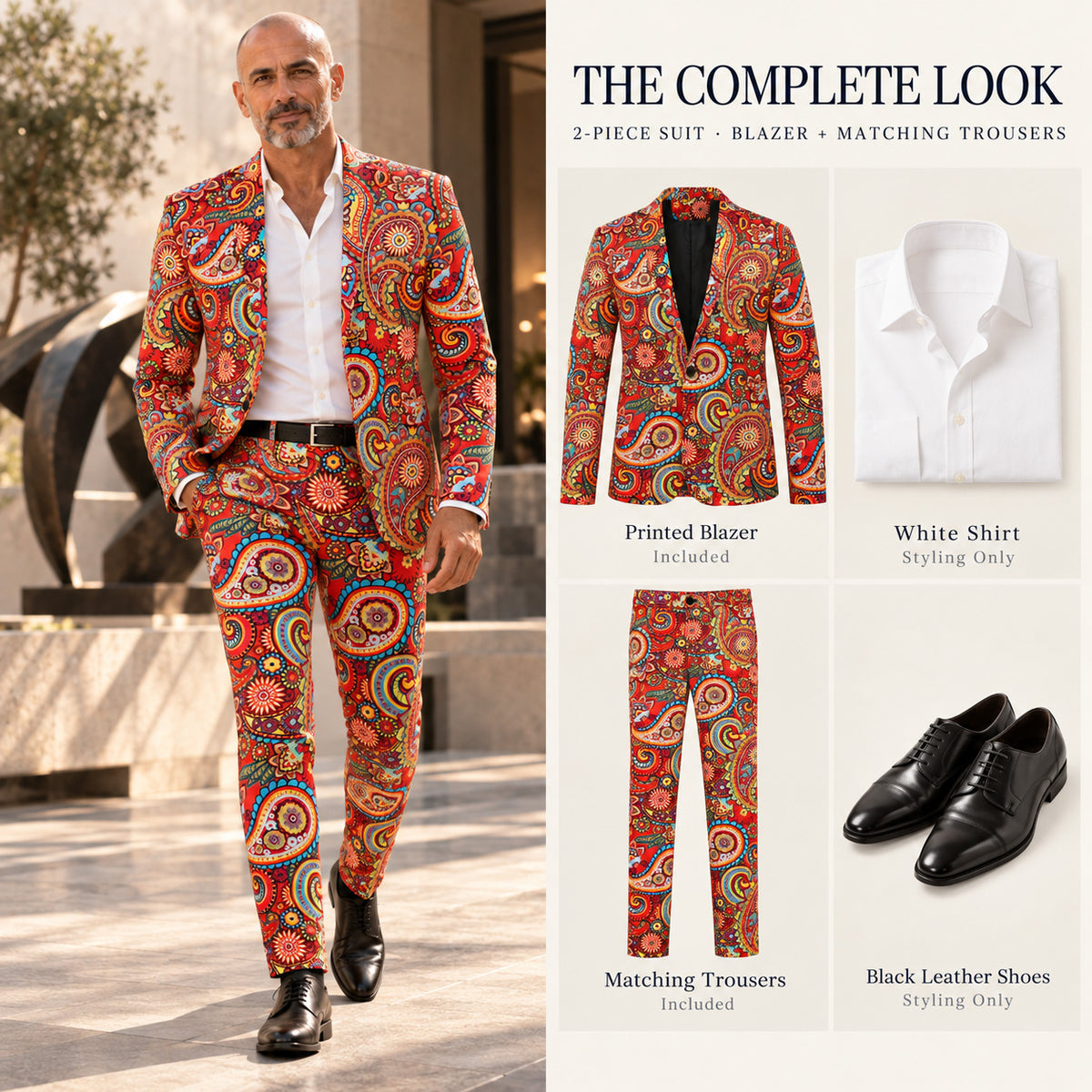 Wisholic red paisley printed 2-piece suit complete look breakdown with white shirt and black leather shoes