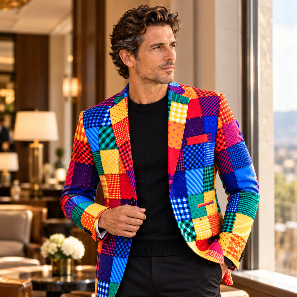 Wisholic men's patchwork blazer details highlighting refined lapel collar, signature geometric print, and three-button cuffs
