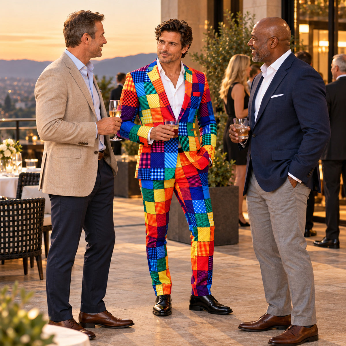 Man wearing a bold Wisholic multicolored patchwork statement suit socializing at an evening cocktail rooftop party