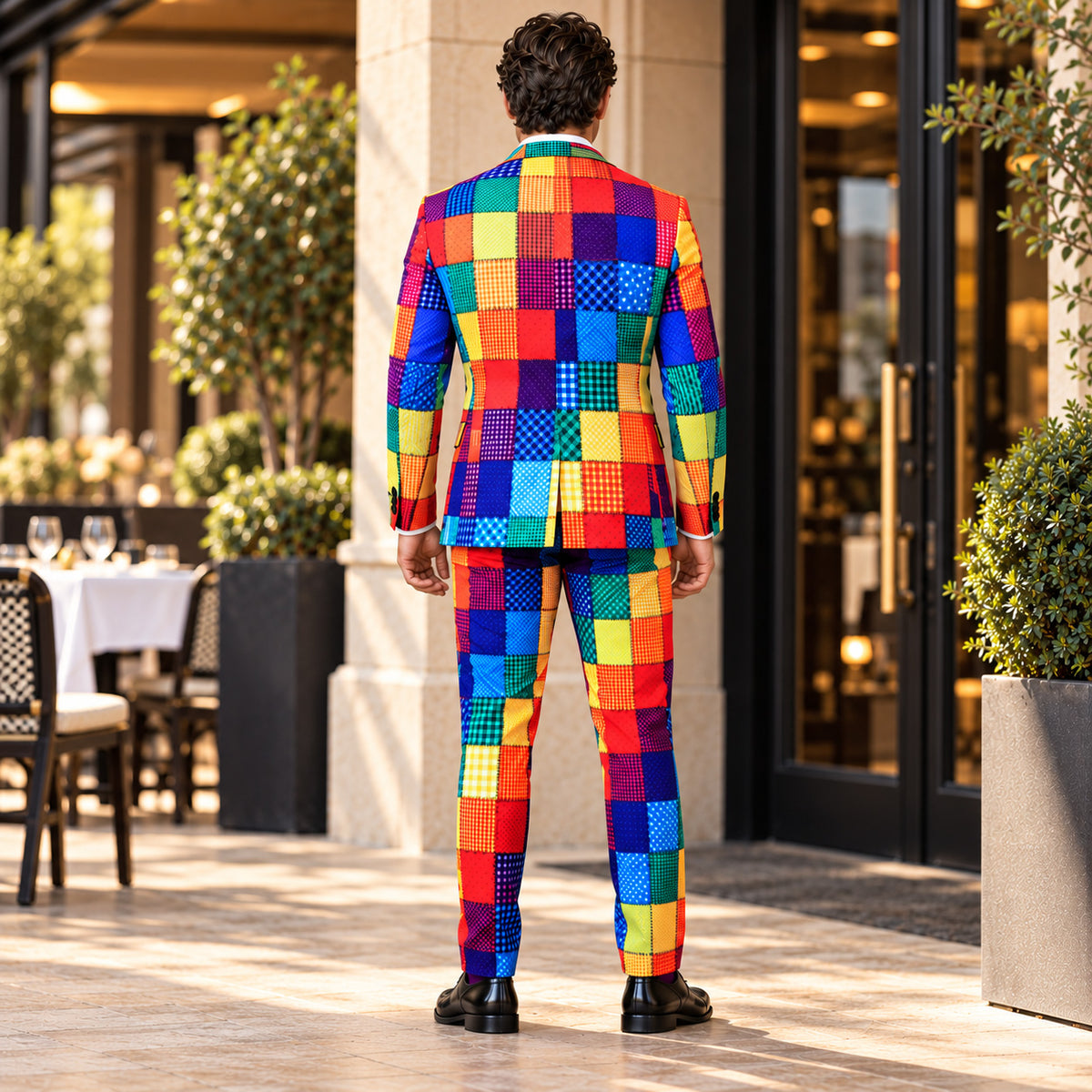 Back view of Wisholic men's colorful patchwork blazer and slim fit trousers showcasing pattern alignment and cut