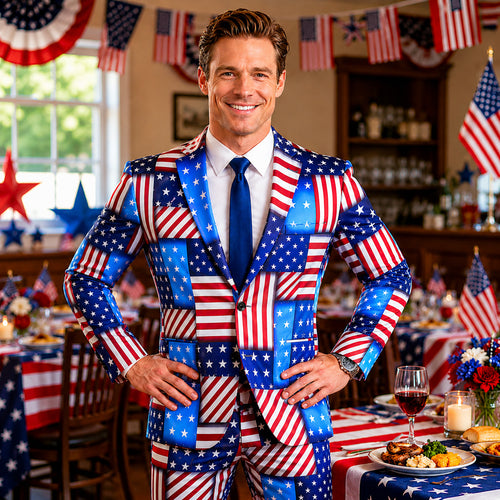 Man wearing Wisholic patriotic American flag patchwork printed suit with white shirt and blue tie at a 4th of July indoor party decoration background.