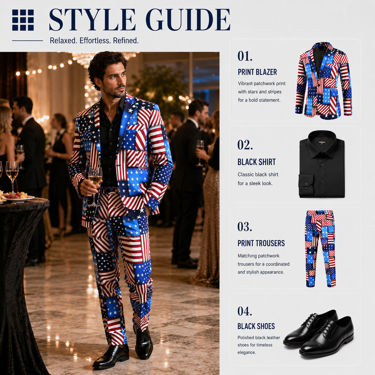 Wisholic style guide infographic for men's patriotic look, showing the full American flag patchwork suit set with a black dress shirt and leather shoes.