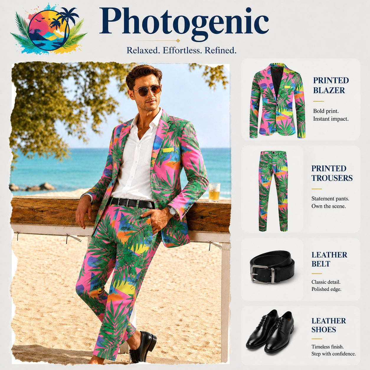 A high-fashion lookbook page titled Photogenic, featuring a male model leaning against a beach fence wearing a Wisholic tropical palm print blazer and matching trousers. The right sidebar showcases product breakdowns of the printed blazer, trousers, leather belt, and leather shoes.