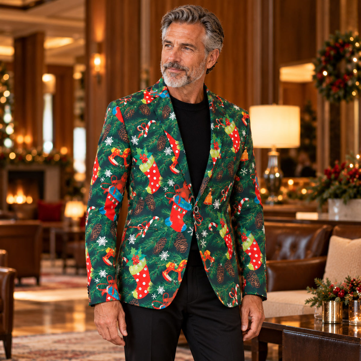 Wisholic men's pine needle Christmas print blazer jacket paired with a black sweater and tailored trousers in an elegant holiday lounge.