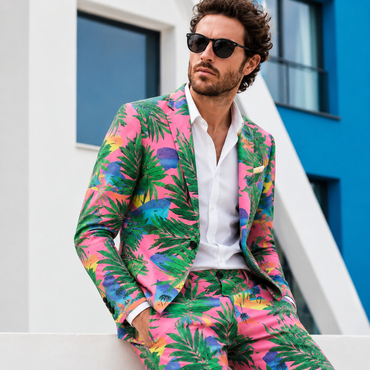High-end fashion photography of a man wearing a Wisholic premium pink tropical printed suit with green palm leaves, paired with a white button-down shirt and black sunglasses, leaning against a minimalist white and blue architectural background.