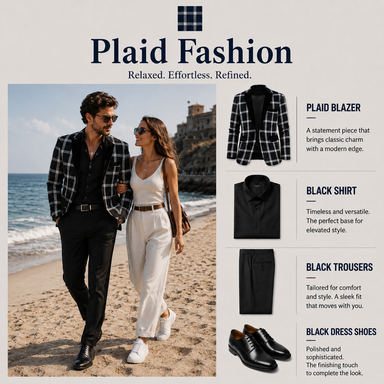 Editorial lifestyle imagery showcasing the Wisholic men's plaid blazer jacket mixed and matched with casual black trousers on a beach walk.