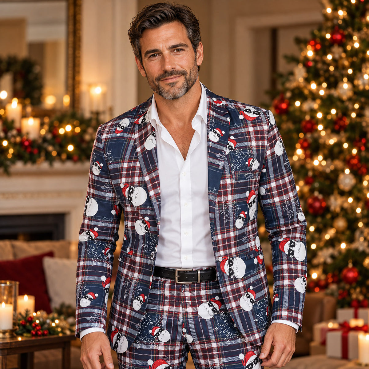 Wisholic men's festive navy plaid Christmas suit featuring cool sunglasses Santa Claus print styled with white shirt