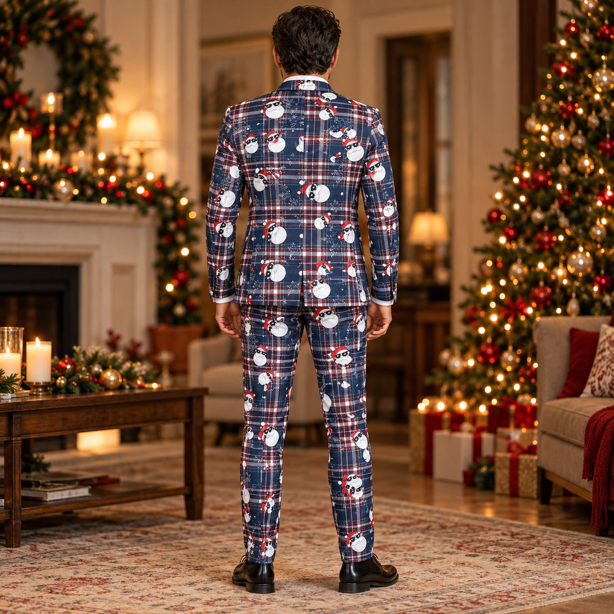 Back view of Wisholic tailored men's plaid Christmas suit showing seamless holiday pattern fit beside festive Christmas tree