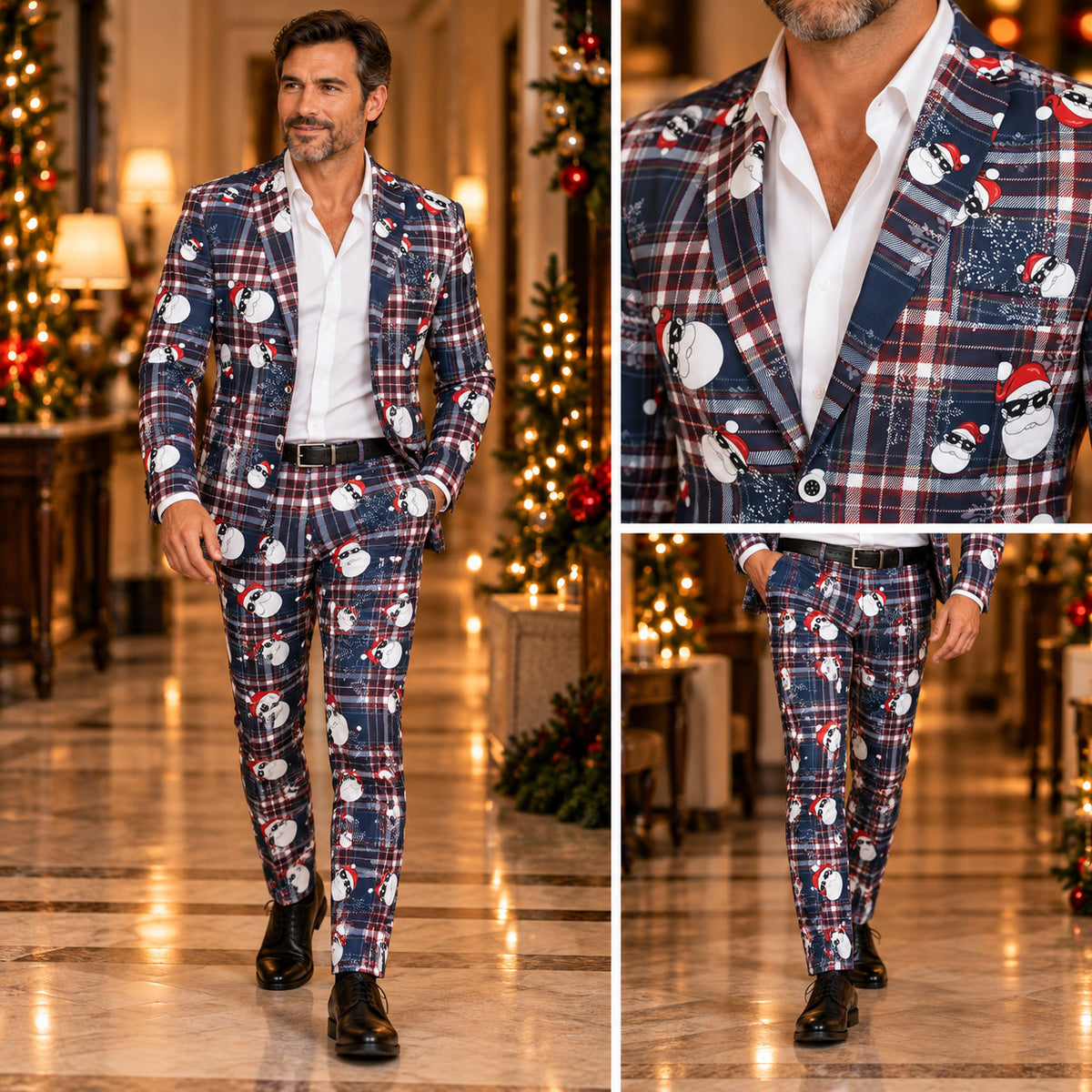 Full body fit and close-up views of Wisholic men's festive plaid Santa Christmas suit with tailored trousers and blazer