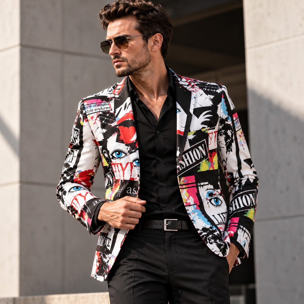 Wisholic pop art graffiti blazer paired with black dress pants, black shirt, and aviator sunglasses.