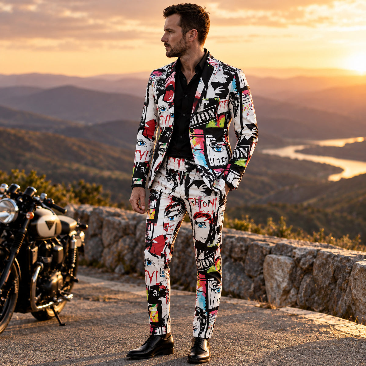 Full body shot of Wisholic men's pop art print suit featuring matching blazer and printed trousers.