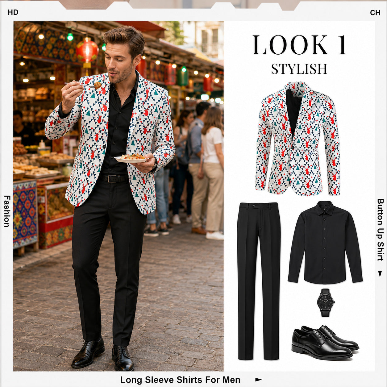 WISHOLIC printed blazer paired with casual black pants and black button-up shirt