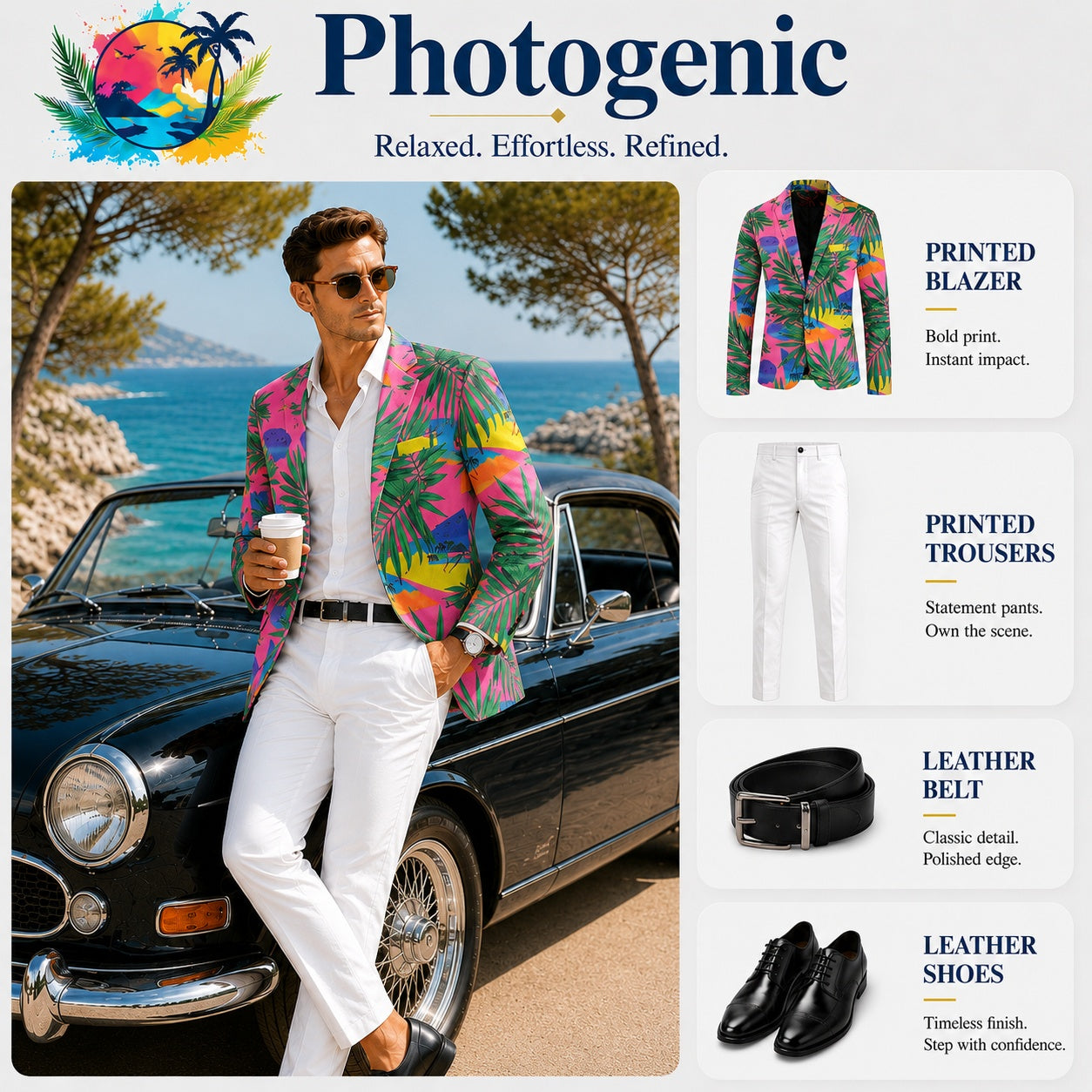 A styling guide catalog image showing a model leaning against a vintage black luxury car by the coast, wearing a Wisholic pink tropical printed blazer mixed with tailored white trousers. The product layout details the blazer, white trousers, black leather belt, and shoes.