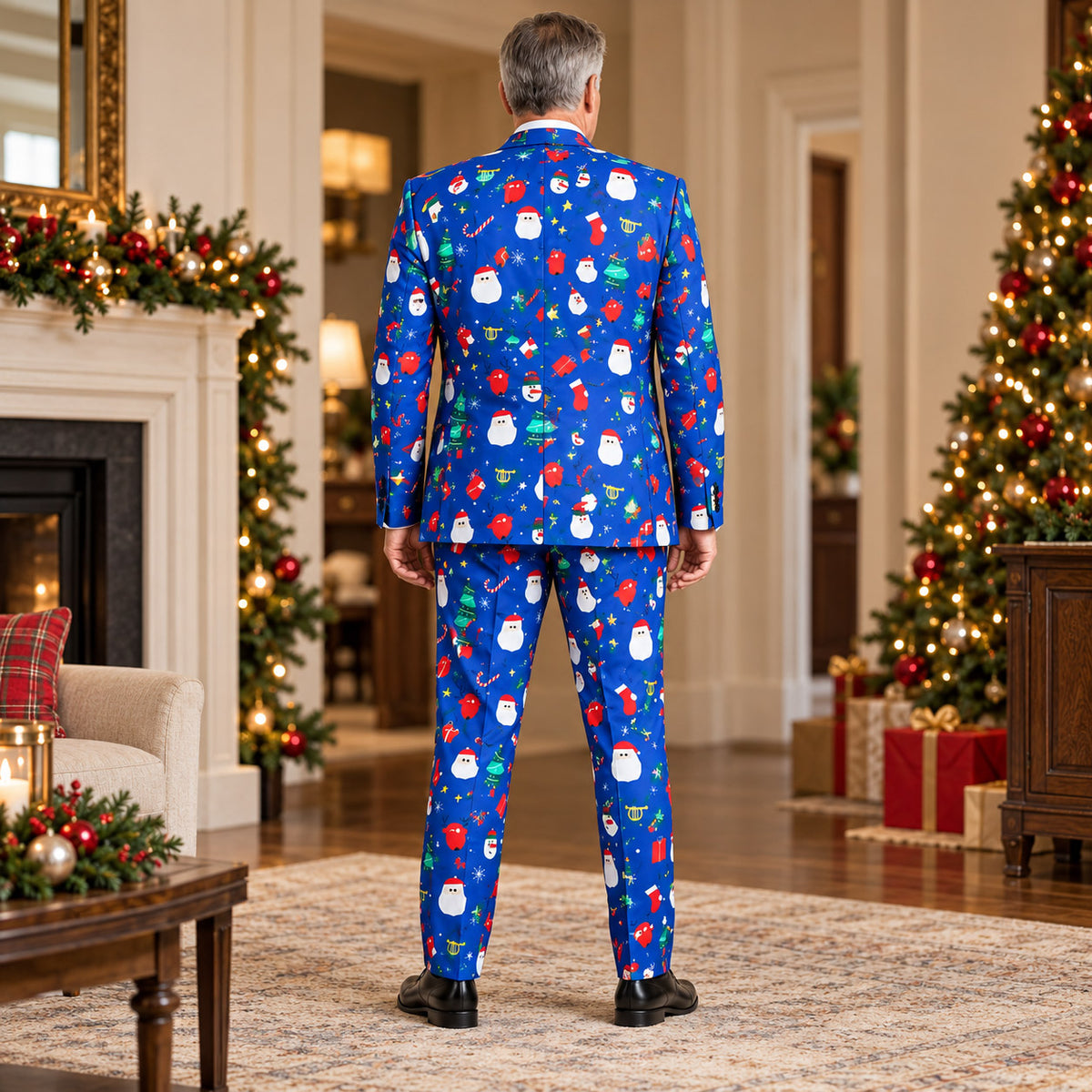 Back view of Wisholic tailored fit men's Christmas suit jacket and trousers in festive royal blue holiday print.