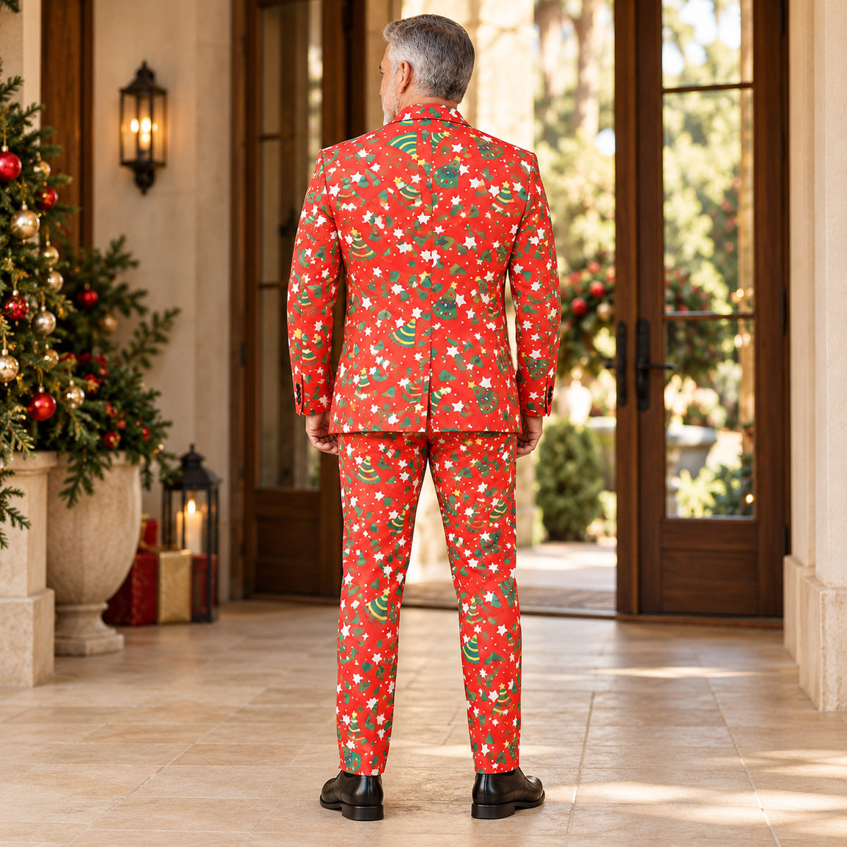 Rear view of Wisholic red Christmas suit jacket and tapered pants showing allover holiday tree and star pattern fit