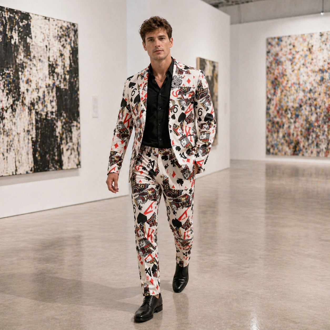 Male model walking through an art gallery wearing the Wisholic playing card series full suit, demonstrating high-end creative fashion.