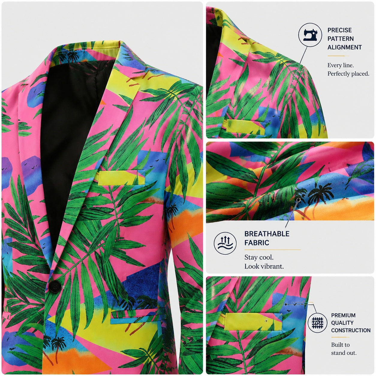 Close-up macro views of the Wisholic printed blazer demonstrating craftsmanship. Infographics highlight the precise pattern alignment on the shoulder seam, breathable lightweight fabric texture, and premium quality construction around the pocket.