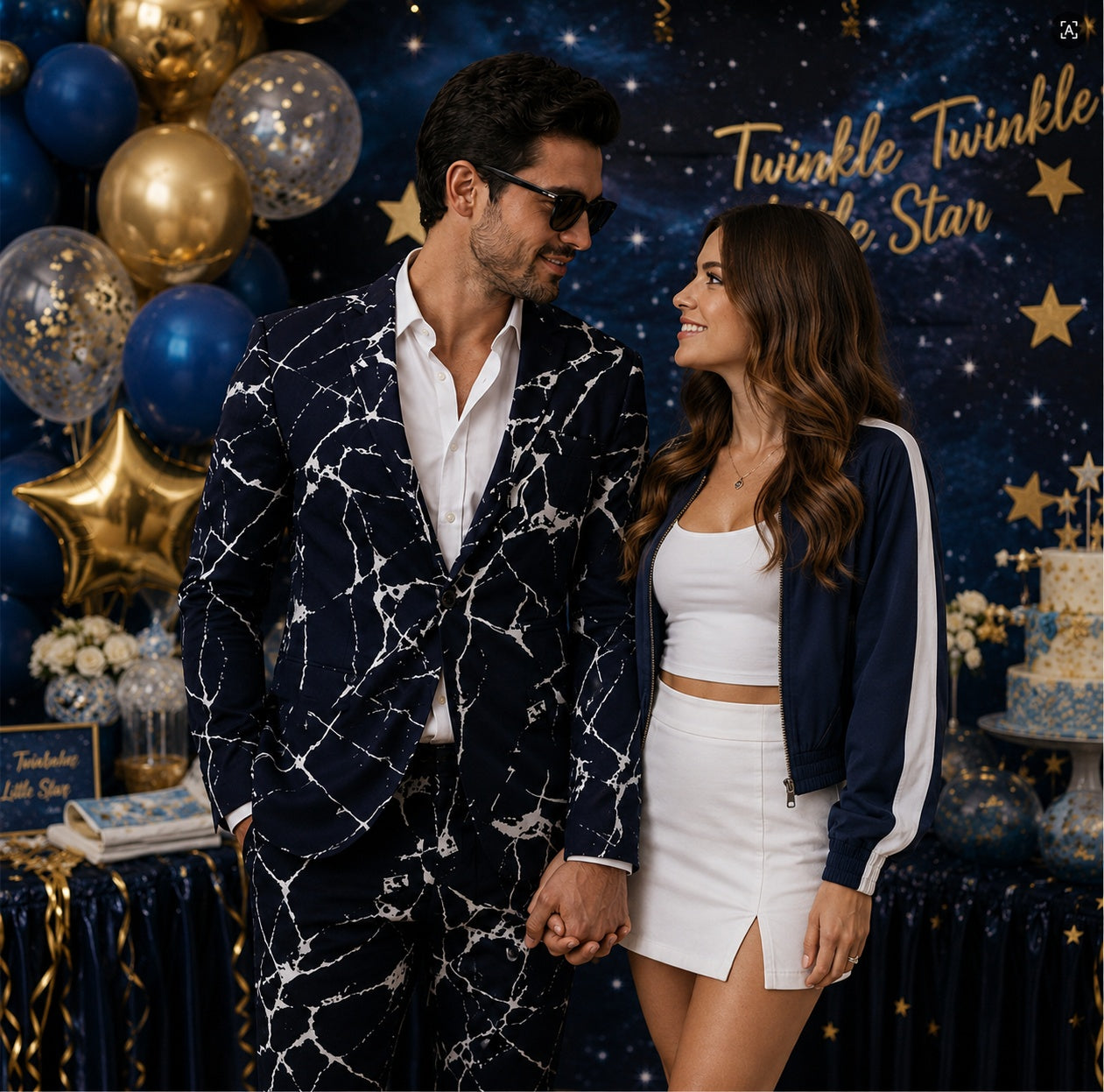 A stylish man in Wisholic marble printed suit holding hands with a woman at a luxury starry night themed party with blue and gold balloons.