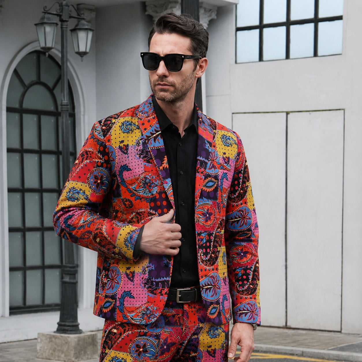 Wisholic 2026 Collection men's vibrant rainbow patchwork printed suit, premium slim fit blazer and trousers paired with a black button-down shirt and sunglasses for a high-end streetwear look.