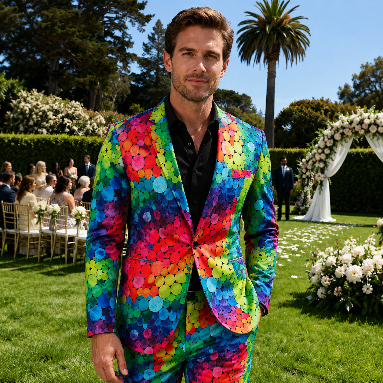 WISHOLIC men's two-piece suit featuring a bold rainbow polka dot pattern, styled as a wedding guest outfit in an outdoor garden setting.