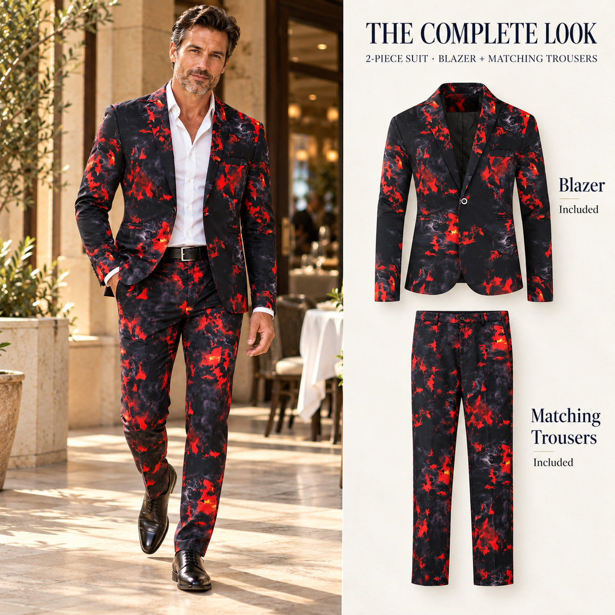 Wisholic The Complete Look infographic showing men's red and black printed 2-piece suit with blazer and matching trousers.