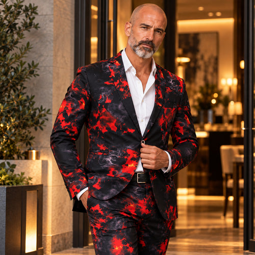 Wisholic men's red and black flame pattern printed suit with white shirt, front view